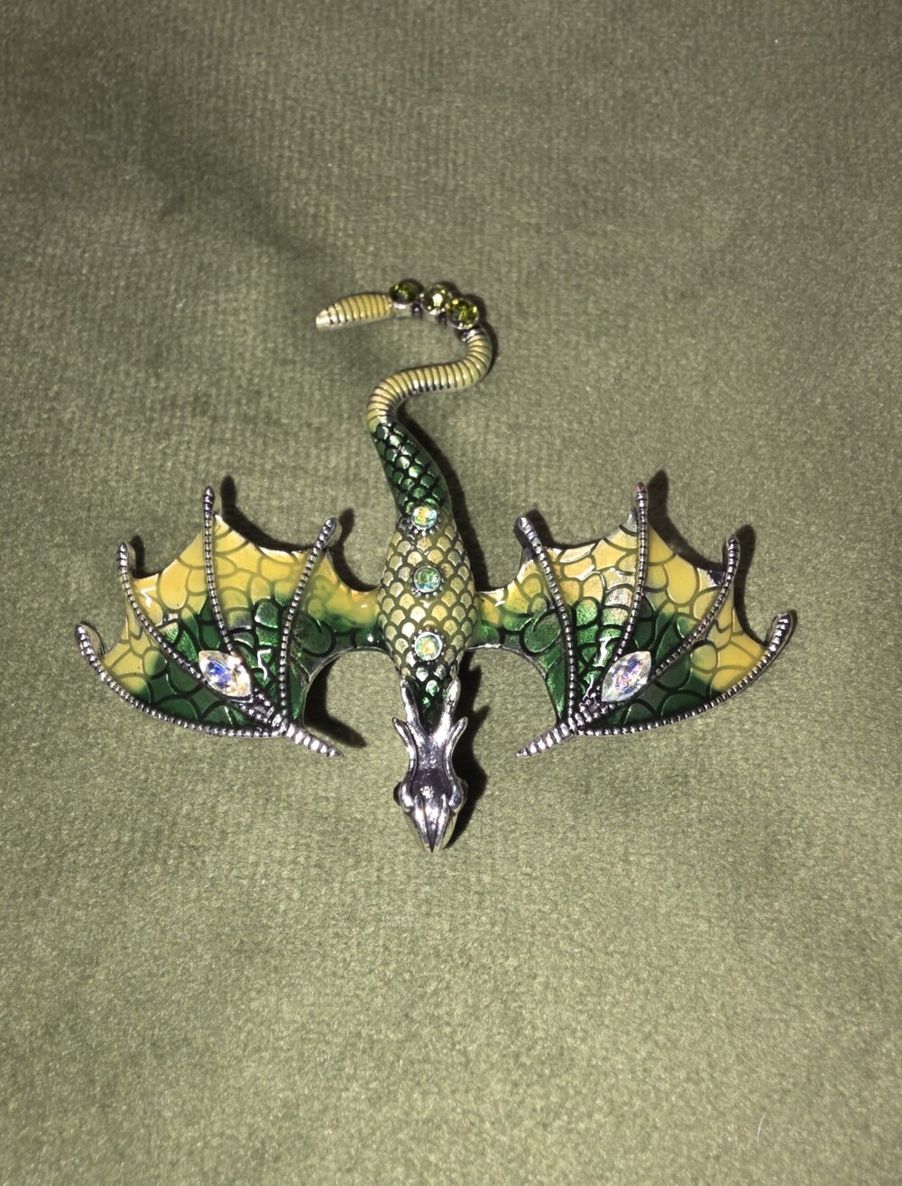 Source Unknown Green and Yellow Enamel Dragon Brooch Pin